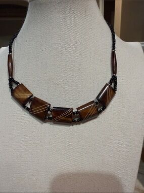 Handcrafted Brown Striped Bead and seed beads Necklace
